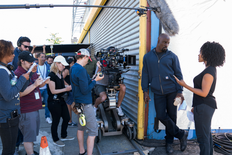 Mike Colter and Simone Missick on the set of Luke Cage.